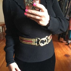 Vintage Wide Belt Gold Linking Buckle Elastic Red